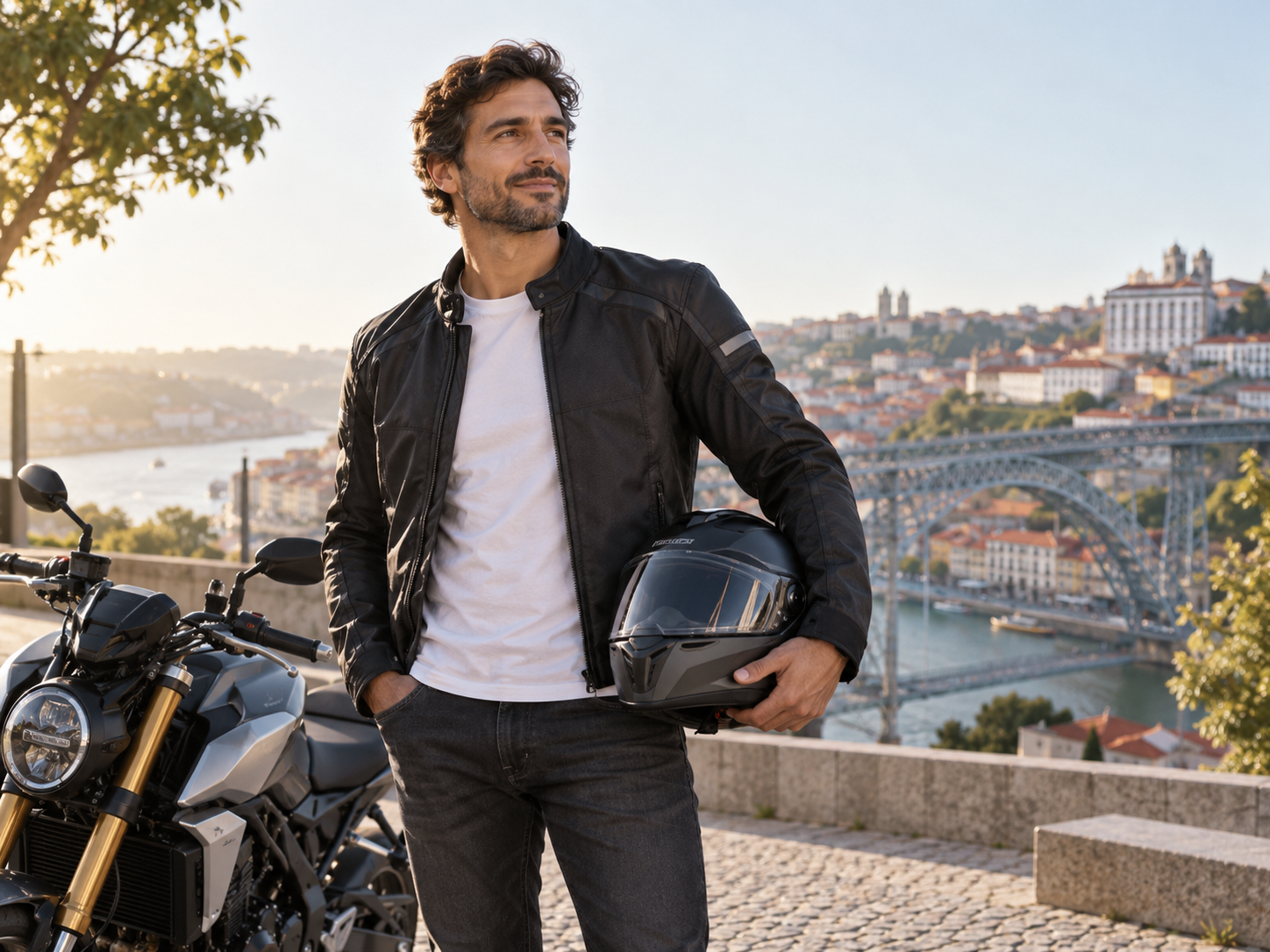 Motorcyclist beside his motorbike with the Dom Luís I Bridge in the background, Portugal